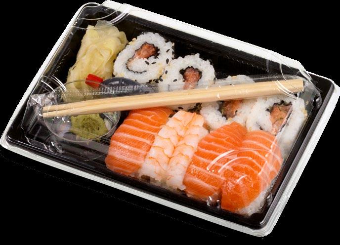 Sushibrett mix 8 biter 8 biter og består av: 3 nigiri laks 1 nigiri scampi (ASC) 2 california maki laks, agurk & chilimajones 2 california maki laks & vårløk I tillegg medfølger syltet ingefær (10