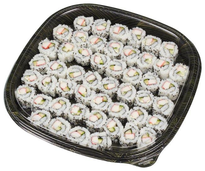 California maki med surimi 50 maki surimi fruktose, sukkerrør), riseddik, vann, salt), crabstick/ surimi (49 % fiskekjøtt fra Threadfin Beam, fuktgiver (sorbitol), vann, hvetestivelse,