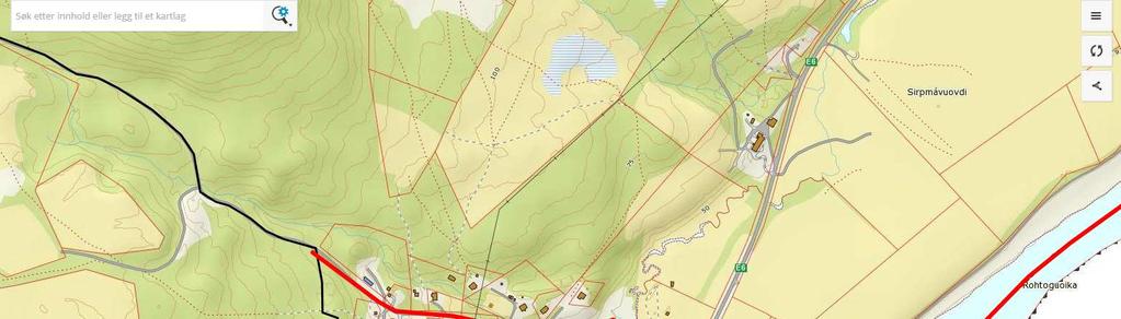 kartgrunnlaget) forlenges langs veien ned fra boligfeltet, krysser E6, følger veiskulderen (30 meter) og deretter langs vei ned til Tanaelva (se Kart 1).