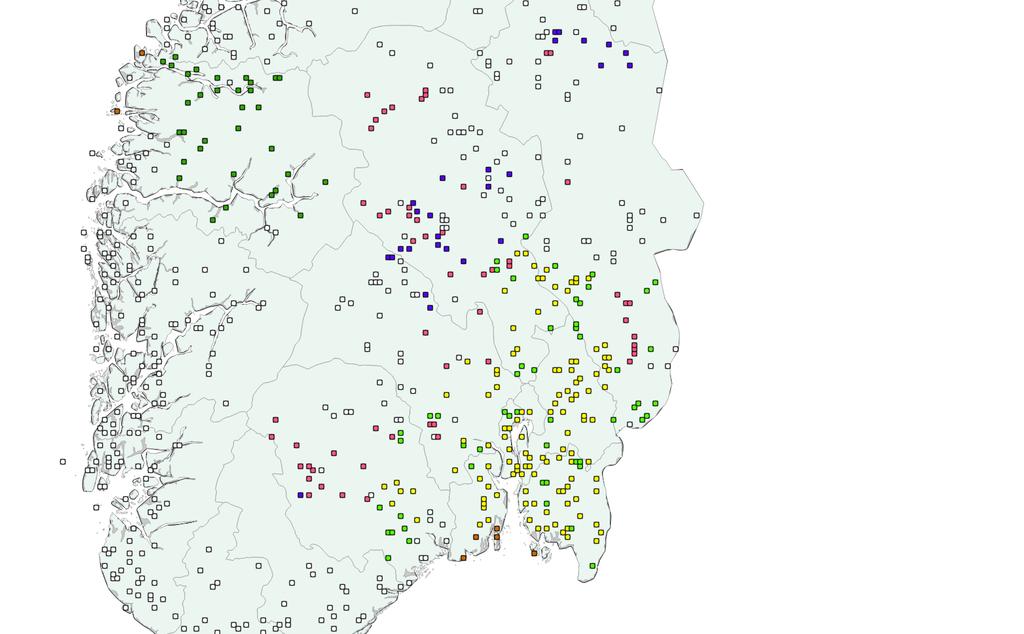 Karlagte ruter i utvalget, har farge etter jordbruksregion Flatbygdene på