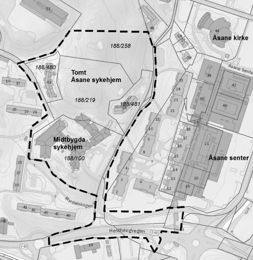 Forslag til plangrense I vest sikres en veiforbindelse mellom Midtbygda sykehjem og omsorgsboligene på bnr.480 (Myrdalsskogen 51) ved å innlemme vei og gangvei mellom byggene. Dette for at f.eks.