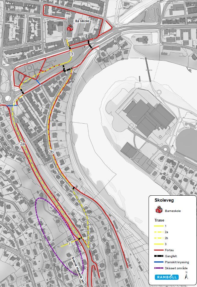 Figur 16 Skoleveg fra planområdet til Ila skole 1) Planområdet Byåsveien De tre rutene for å komme seg fra planområdet til Byåsveien er beskrevet i kap.