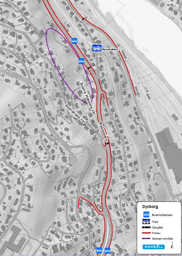 2.5 Kollektivtilgjengelighet Det er god tilgjengelighet til kollektivtrafikk i området. Bussholdeplassene Nyveibakken (i Byåsveien) ligger nært planområdet og de betjenes av rute 5 og rute 8.