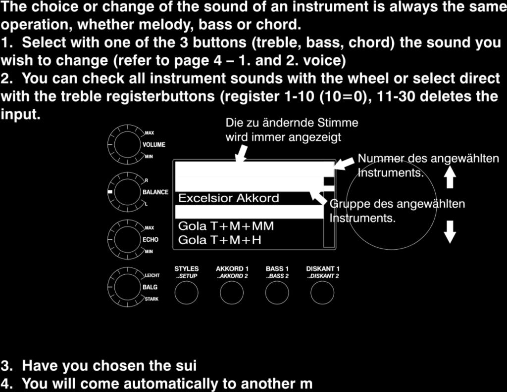 Side 4 Velge instrumentlyder Valg av instrument har samme prosedyre enten det er til diskant, bass eller akkord, se forrige side og velg Treble, Bass eller Akkord Lydene velges med Datahjulet, ELLER