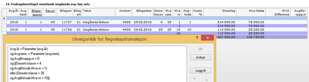 Utvalgskriterier i underliggende detalj vindu bak post 14 Direkteført avgift på MVA-konto: Post 15