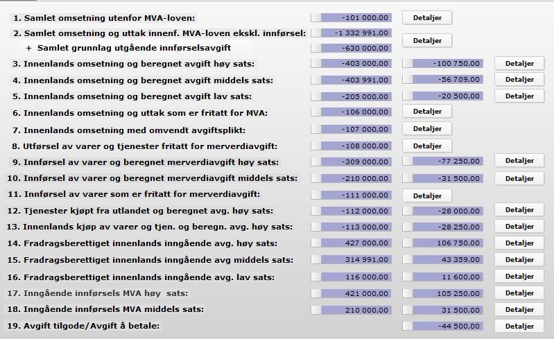 Bak hver detaljknapp ligger det et underliggende spesifikasjonsvindu som viser alle transaksjoner som summerer seg opp til totalsummene i MVA meldingen.