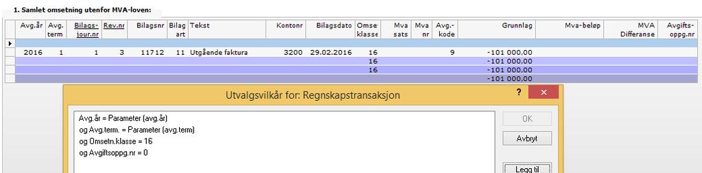 Sortering: Post 2 Samlet omsetning og uttak innenfor MVA loven eks.