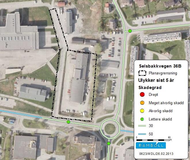 2.4 Ukykkessituasjon Forbi planområdet er det 30-sone, Selsbakkvegen øvrig har fartsgrense 50 km/t. Figuren viser trafikkulykker og skadegrad i løpet av de siste fem årene.