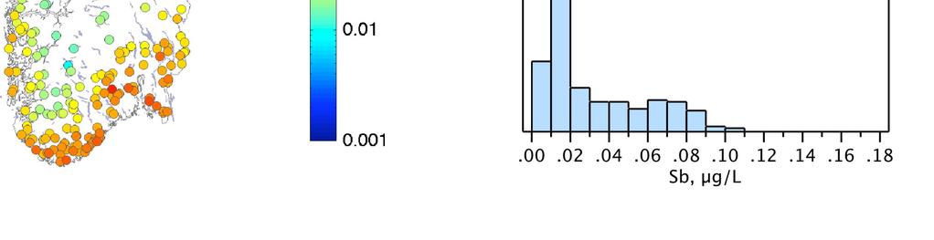 7.13 Antimon Sb Medianverdien for Sb i SAMOVER-sjøene var 0,021µg/L, mens den i RIU-95 var 0,02 µg/l. Tidligere undersøkelser av mose (Steinnes et al. 2001) og våtavsetning (Amundsen et al.
