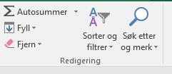 Filtrering i Excel gjøres ved å trykke på knappen «Sorter og filtrer» øverst til høyre i hovedmenyen.