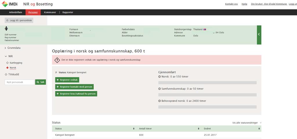 Muligheten for å registrere dato for kommunens kontakt med person får du ved å åpne Norsk i venstremenyen og trykke på den grønne registreringsknappen «Registrer kontakt med person» Registrer
