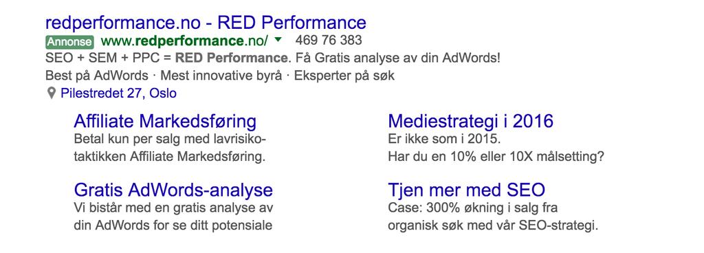 Google søk AdWords Automatisk url Overskrift: 30 x 30 tegn Display Url Location