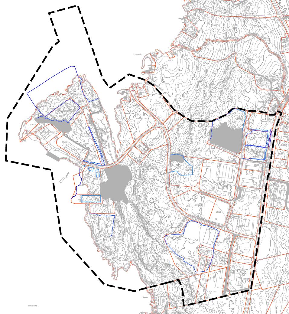 Planområde omfattar følgande eigedomar: 65/16, 137, 157, 176, 223 og 69/6, 7, 13, 14, 15, 19, 20, 21, 30, 31, 32, 33, 34, 35, 36, 37, 39, 41, 42, 43, 44, 45, 46, 47, 48, 49, 50, 51, 52, 53, 54, 55,