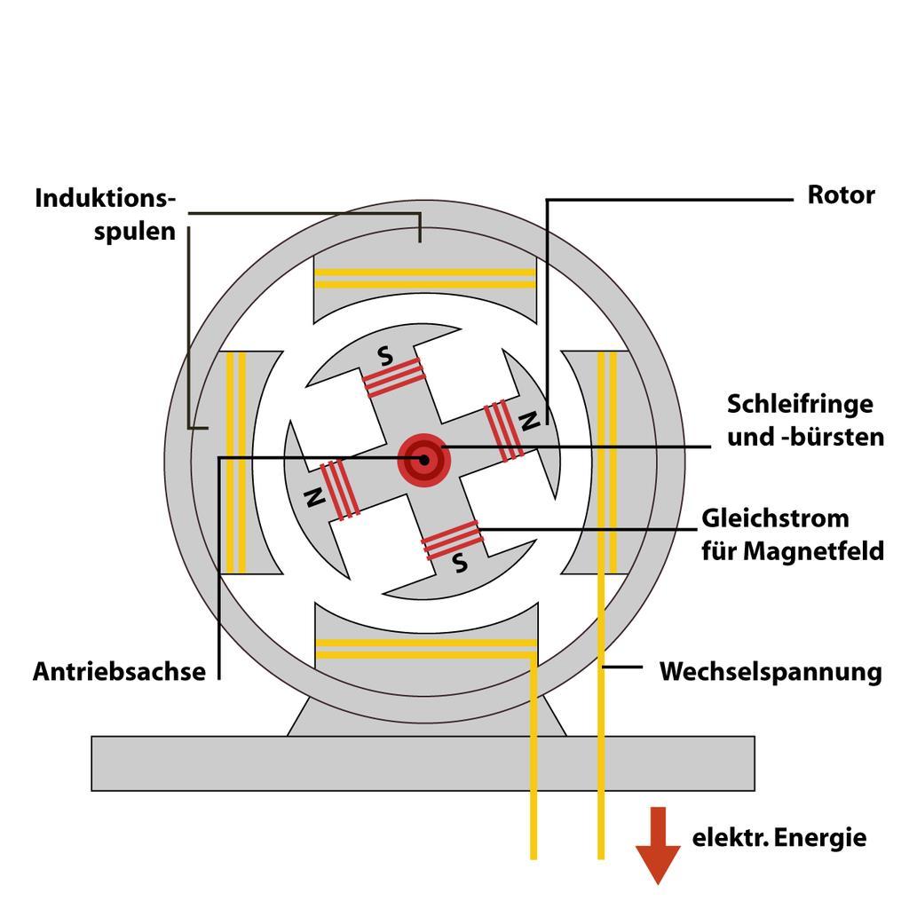 Figur 5: Generator med poler som benytter feltviklinger forsynt med DC-spenning til å lage et konstant magnetfelt i aksiell retning av polene.