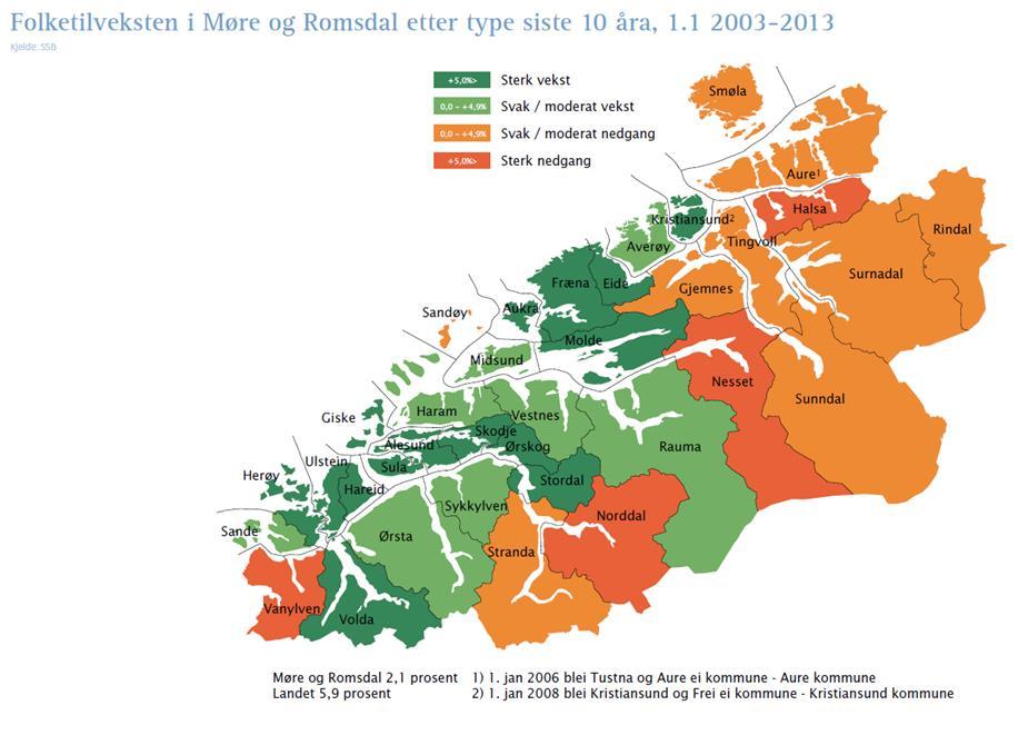 Kommunedelplan for Herøy Bustadpolitikk 2015 2019 Kartet ovanfor syner folketilveksten i perioda 2003-2013.
