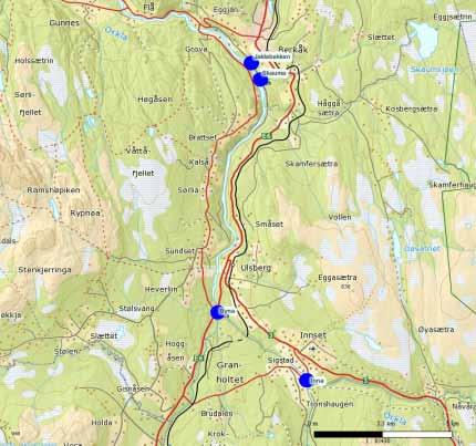 Figur 11. Oversiktskart som viser lokalisering av Jaklabekken, Skauma, Byna og Inna. (Kartgrunnlag: www.gislink.
