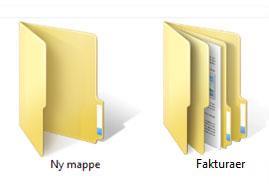 Her er nokre vanlege mappeikon: Ei tom mappe til venstre, og ei mappe som inneheld ei undrmappe «Fakturaer» med filer til høgre Mapper kan også innehalde andre mapper.
