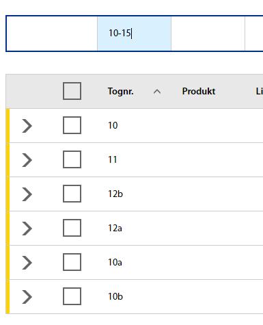 Hvis «Avansert søk» vises kan man filtrere på tognummerserier gjennom å taste f.eks. «10