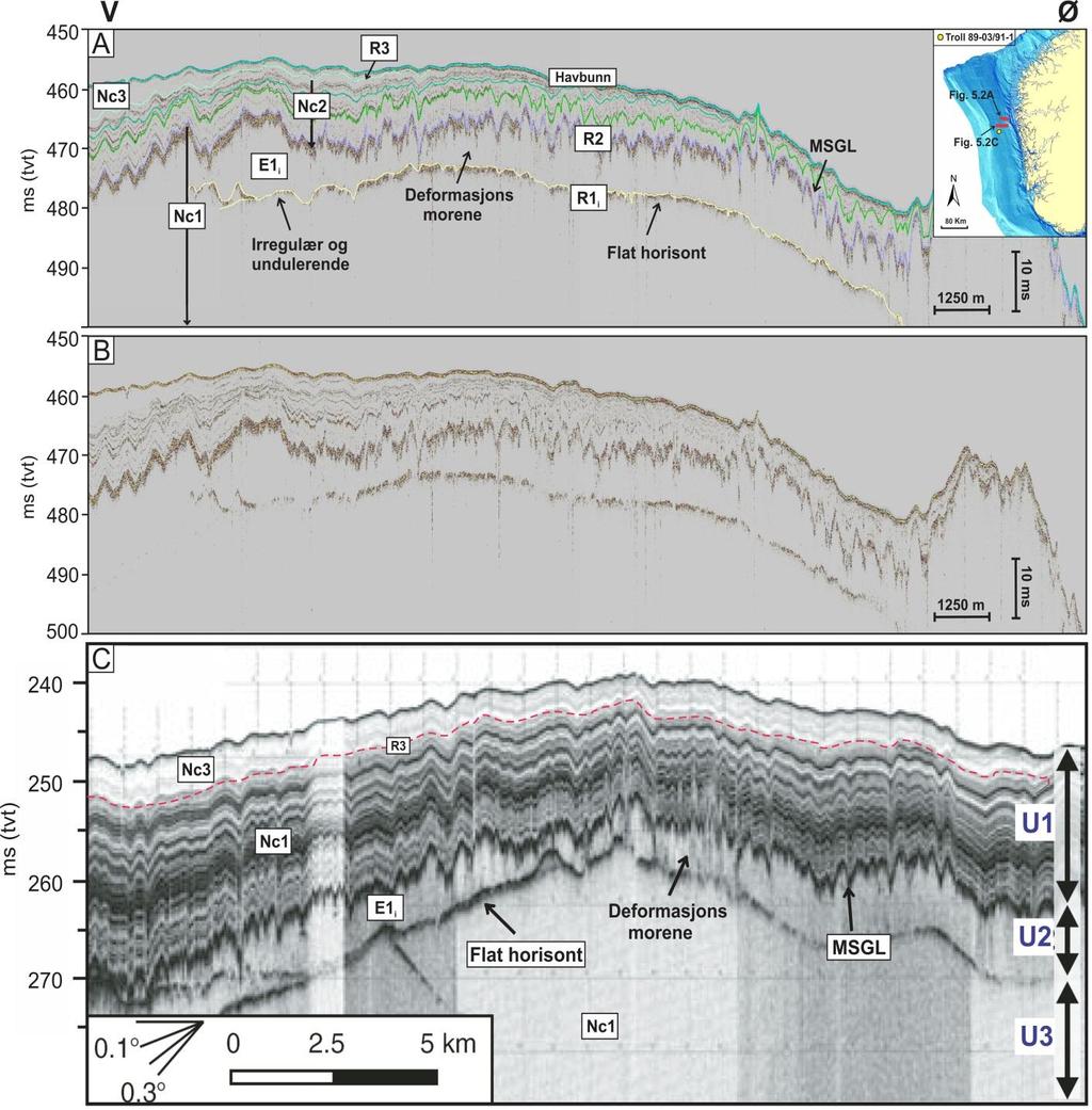 Kapittel 5 Diskusjon Antarktis (Dowdeswell et al., 2004), har Nygård et al. (2007) tolket Enhet U2 som subglasial deformasjonsmorene (Figur 5.2c). Figur 5.2. Sammenligning av seismostratigrafi.