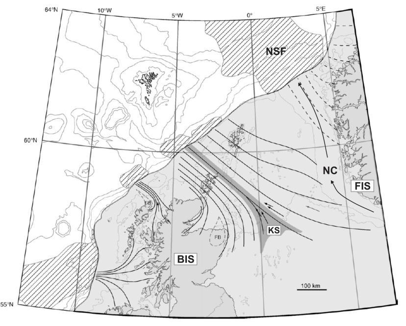 Kapittel 2 Bakgrunn Figur 2.5. Under siste maksimale isutbredelse er det antatt at det Fennoskandiske isdekket (FIS) og det Britiske isdekket (BIS) konvergert i sentrale deler av Nordsjøen.