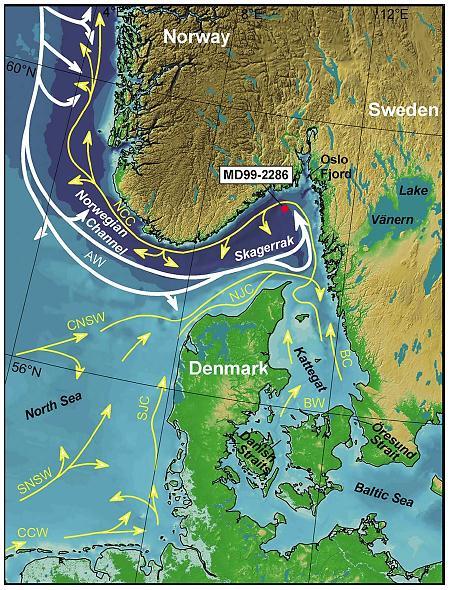 Kapittel 2 Bakgrunn Figur 2.6. Dagens havsirkulasjon i den nordøstlige deler av Nordsjøen (Gyllencreutz et al., 2006). Pilenes bredde indikerer den relative størrelsen på volumtransporten.