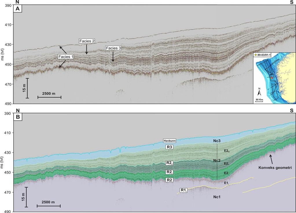 Figur 4.3. TOPAS profil fra sentrale deler av studieområdet. A) Utolket profil som viser variasjon i seismisk facies langs profilet.