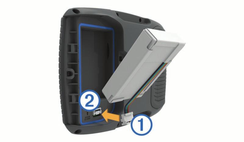 4 5 Koble Garmin enheten til datamaskinen med en USB-kabel. 6 Klikk på Legg til en enhet. 2 Finn litiumionbatteriet i produktesken. 3 Sett inn batteriet med kabelen øverst.