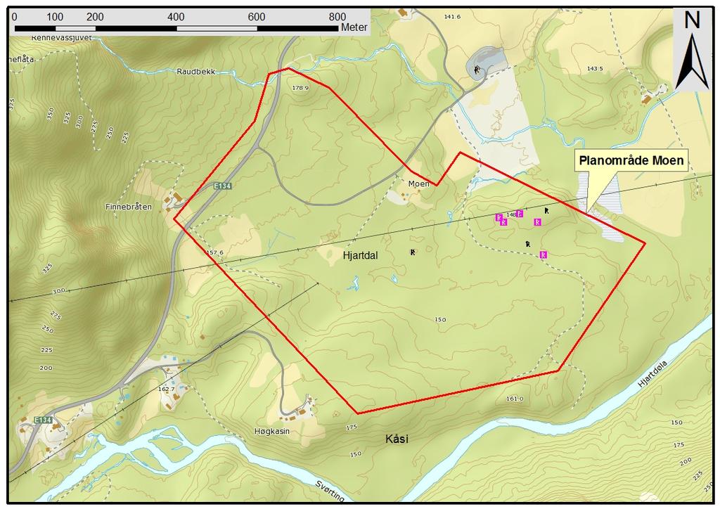 PLANOMRÅDET MOEN Dette delområde er med omtrent 500.000 kvadratmeter det største undersøkte delområde. Terrenget er småkupert og ligger i dalbunnen på en høyde mellom 180 moh og 130 moh.