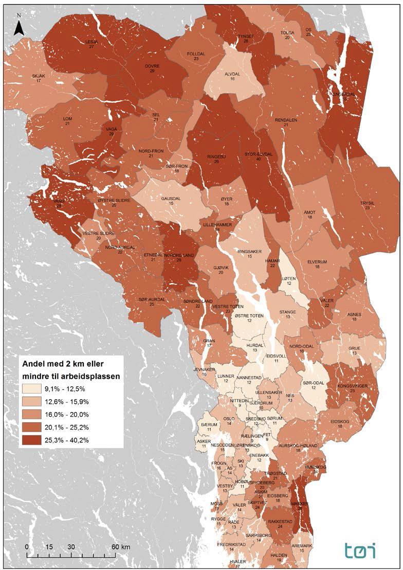 Figuren viser at av de 32 % som bor i Kongsvinger by, er det cirka 32 % som bor under 1 km fra Kongsvinger bru. Hele 73 % bor maksimalt 2 km unna Kongsvinger bru.