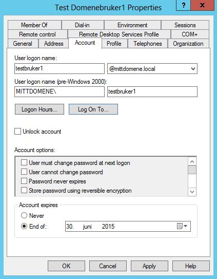 Oppgave d: Endre egenskaper på domenekontoer i Active Directory I denne oppgaven skal du bruke Active Directory Users and Computers for å endre flere egenskaper på de to domenekontoene du laget i