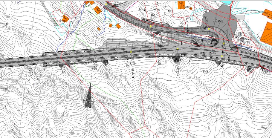 KRYSS TØRKOP (A1 OG A2) Rød linje markerer tunnelportalen i A-alternativene. Kryssløsningen vi vurderte gjelder A-alternativene.