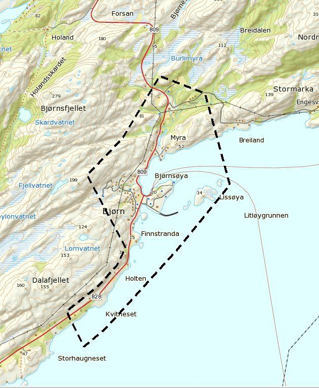 Planområdet omfatter i store trekk det bebygde området på Bjørn, og strekker seg ut i sjøen slik at Bjørnsøya og Lissøya også omfattes av planen.