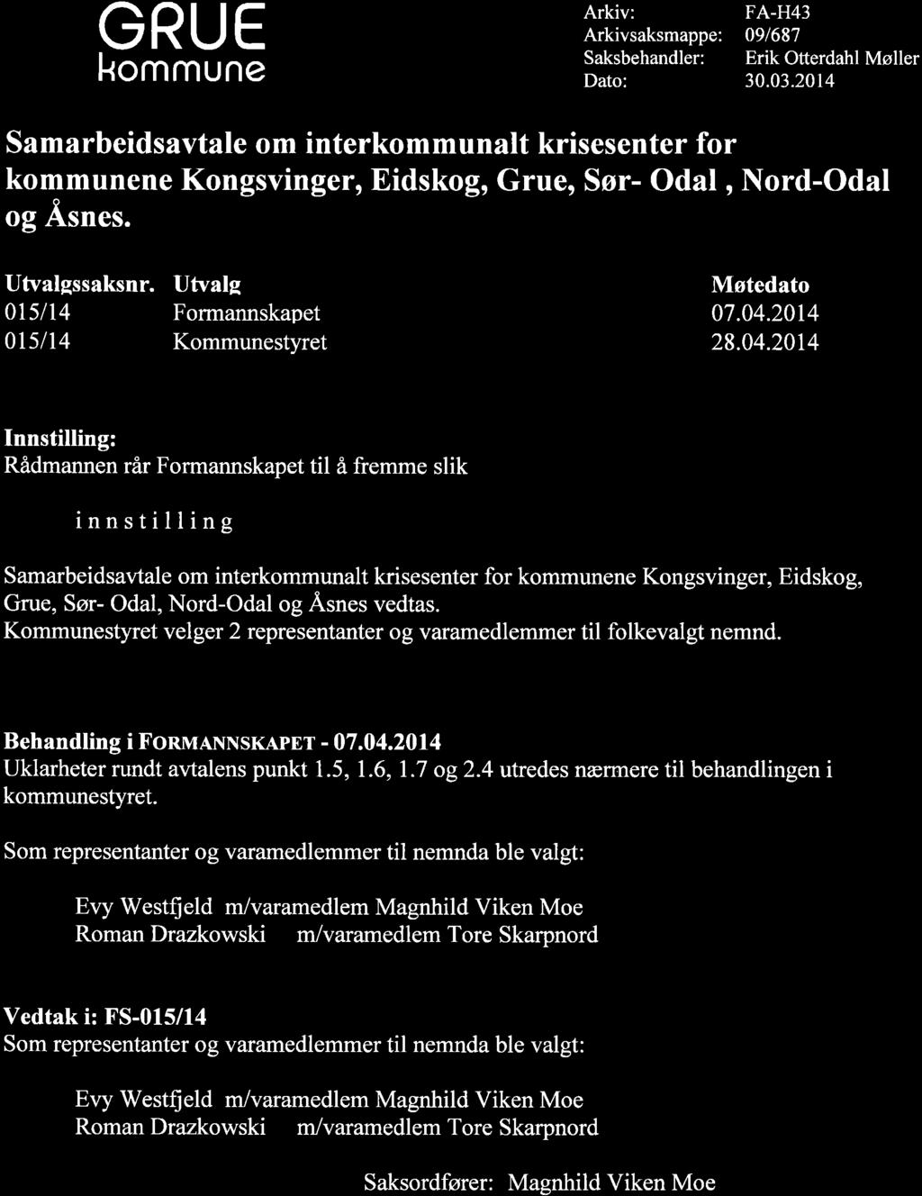 GRUE kommune Arkiv: Arkivsaksmappe: Saksbehandler: Dato: FA-H43 091687 Erik Otterdahl Møller 30.03.