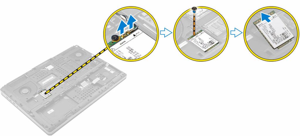 a. batterideksel b. batteri c. bunndeksel 3. Utfør følgende når du skal fjerne WWAN-kortet: a. Koble fra og fjern antennekablene som er koblet til WWAN-kortet. b. Fjern skruen som fester WWAN-kortet til datamaskinen.