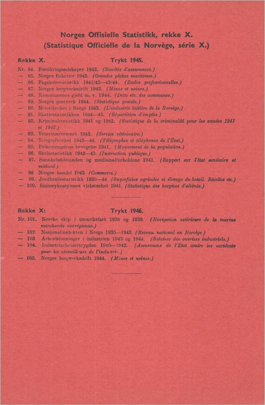 Norges Offisielle Statistikk, rekke X. (Statistique Officielle de la Norvège, série X.) Rekke X. Trykt 1945. Nr. 84. Forsikringsselskaper 1943. (Sociétés d'assurances.) 85. Norges fiskerier 1942.