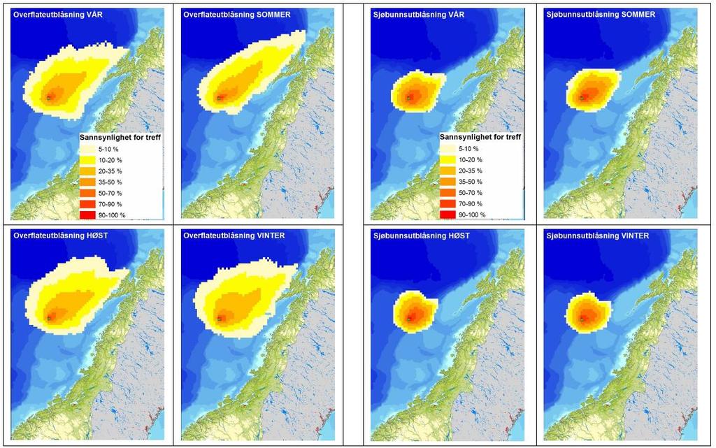 Figur 3-2 Sannsynligheten for treff av olje i 10 x10 km ruter gitt et overflate- og sjøbunnsutslipp fra referanseanalysen 6706/12-1Snefrid for alle sesonger.