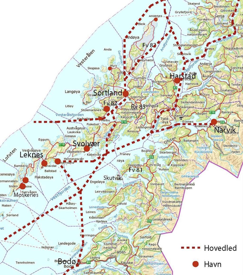 2.5.4 Sjøtransport Farleder En av hovedledene nord/sør går gjennom Hadselfjorden. Svolvær Stokmarknes, Sortland og Harstad ligger langs hovedledene.