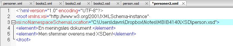Prøv selv Koble XSDen til XMLen på følgende måte: Ha personer2.