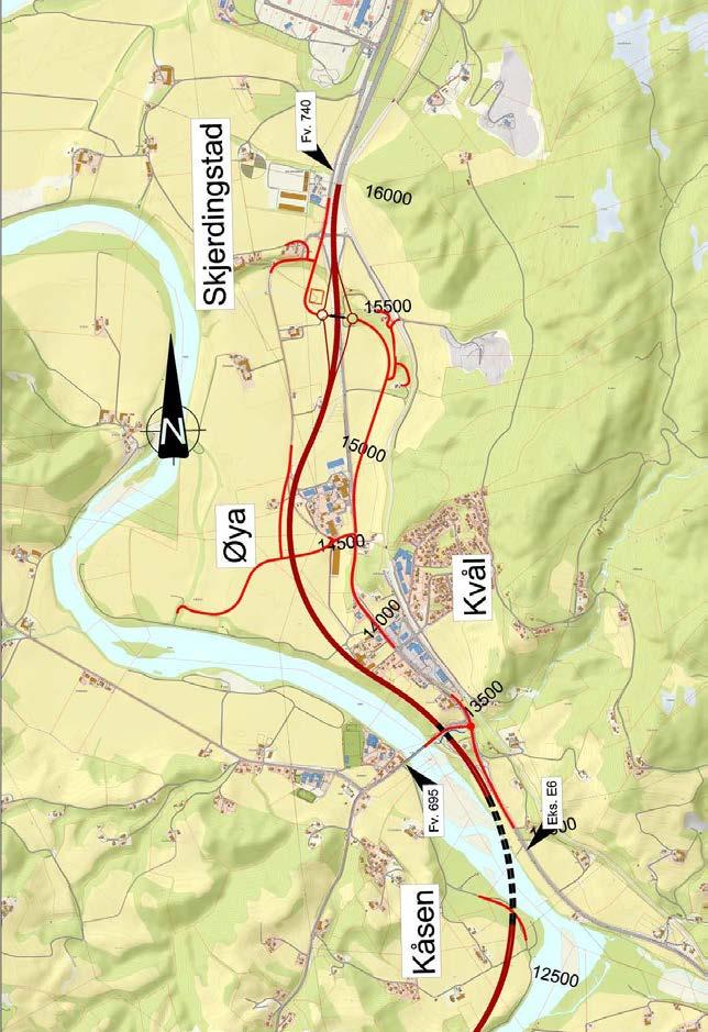 E6 Ulsberg Melhus Detaljregulering for delstrekning E6 Røskaft Skjerdingstad Planbeskrivelse Kvålsbrua - Skjerdingstad Figur 7-6: Kartutsnitt over planlagt veg mellom den nye E6-brua ved Kvål og