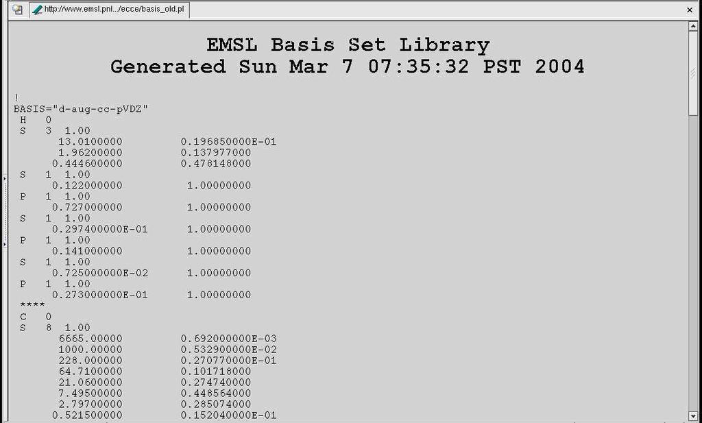 program inkluderer gjerne bibliotek av basisfunksjoner Andre sett kan hentes fra EMSL (http://www.emsl.pnl.gov/ forms/basisform.