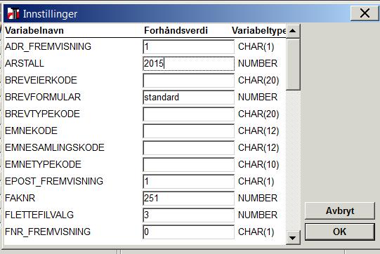 Innstillinger I bildet "Innstillinger" (finnes i menyen Verktøy når Hovedmenyen er aktiv) kan en sette en del standardverdier som blir benyttet når