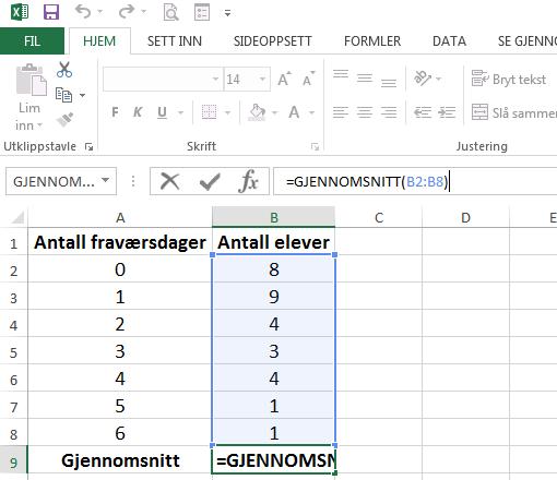 6 5 5 4 3 2 1 4 3 2 1 0 1 2 3 4 5 6 0 1 2 3 4 5 6 Lite standardavvik. Stort standardavvik. 5. Beregning av sentralmål og spredningsmål i Excel De sentral- og spredningsmål i 2P som kan være aktuelle å beregne i Excel er gjennomsnitt, median, typetall og standardavvik.