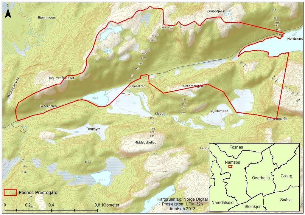 Figur 2. Fosnes prestegård naturreservat i Namsos kommune. Grensen for naturreservatet er markert i rødt. 1.2.1 Vegetajon Mye av arealet innenfor verneområdet kan karakteriseres som boreal regnskog av Fosentypen.