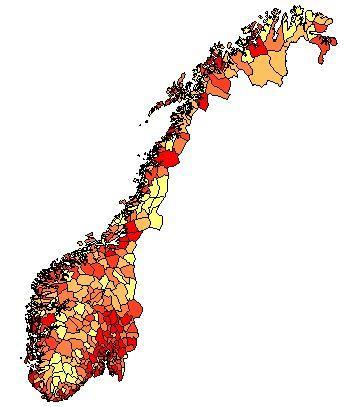 428 kommuner Over halvparten (228) under 5 000 innbyggere 75 % av befolkningen bor i de 100 største Størst 634 463 (Oslo) og minst 211