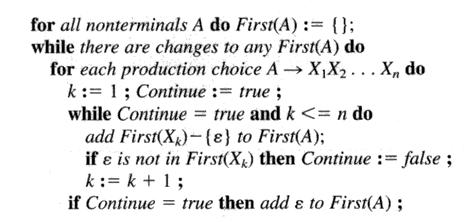 First-mengder terminal Def.: { First (A) = { a finnes avledning A * a α } Dessuten: Om A er utnullbar, så er ε First(A) Pr. def. For terminal-symboler: First(a) = { a } Def.