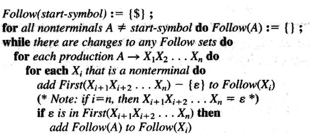 Beregning av Follow-mengder βγ virkårlige strenger Def: Follow (A) = { a finnes avledning S * β A a γ } For stratsymbolet S er $ med i followmenden Dvs.