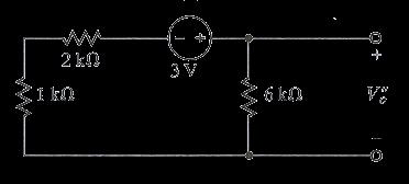 Side 5 av 8 Bidraget fra spenningskilden alene finnes ved å nullstille strømkilden (den åpnes) og kretsen blir da Bruker spenningsdeling og finner spenningen over 6 kω-motstanden V "" = 3V 6k# (+ 2 +