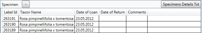 Til høyre finnes to felt som angir utlånsdato (Date of Loan) og returdato (Date of Complete Return), og en mulighet for å legge inn kommentarer.