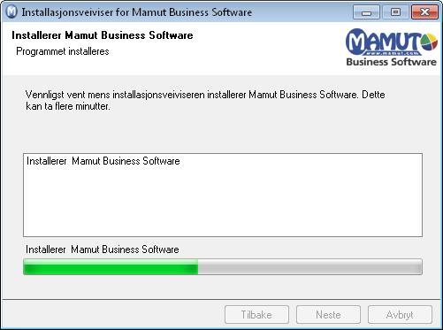 Avslutt programmene og klikk Prøv igjen, dersom du får melding om dette. 8. Programmet installeres: Nå installeres ditt Mamut-system, og programfilene kopieres til det området du valgte.