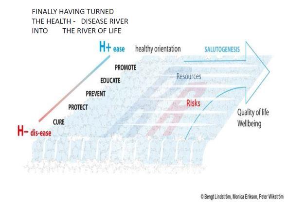 «Livets elv», som en metafor for et paradigmeskifte til salutogenetisk rammeverk Hovedretningen på elva er livsløpet, selve livet, der du